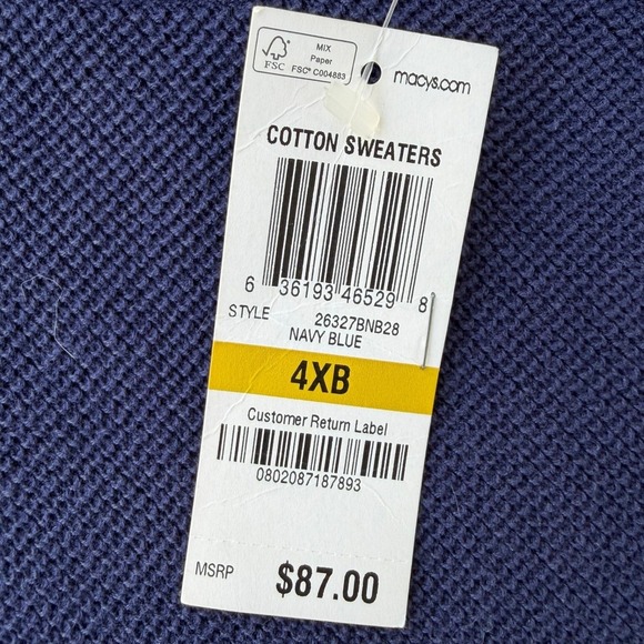 Club Room Mens 4XB Navy Blue Full Zip Cotton Sweater Waffle Knit 26327BNB28 NWT - Picture 5 of 8